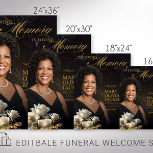 Classic Rose Funeral Welcome Sign Template for Canva. This large funeral photo display set features a magazine-style design with white roses and gold leaves against a textured black backdrop. Four print sizes (24x36, 20x30, 18x24, and 16x20 inches)