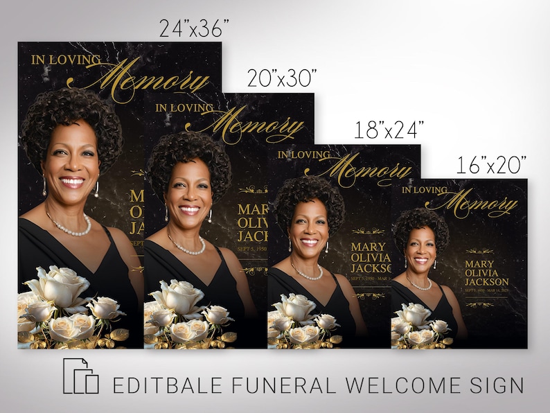 Classic Rose Funeral Welcome Sign Template for Canva. This large funeral photo display set features a magazine-style design with white roses and gold leaves against a textured black backdrop. Four print sizes (24x36, 20x30, 18x24, and 16x20 inches)