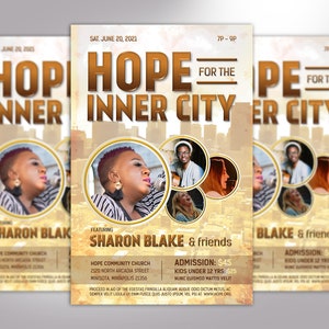 Gospel Concert Flyer Template for Word and Publisher. Measuring 5.5x8.5 inches, this versatile concert invitation features a rustic cityscape and photo placeholders for up to four guest artists, making it perfect for gospel concerts, talent shows