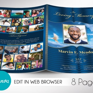 May include: A blue and gold funeral program with a photo of a man smiling. The program includes the text "In Loving Memory", "Marvin E. Meadow", "January 5, 1955 - June 10, 2023", "SAT March 10, 2023 10:00 am", "Officiating Minister Rev. Glen Martin Rev. Mark Whiteburn", and "Community Church 810 Dove Street Hollywood, CA 14907".