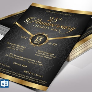 Black and Gold Anniversary Gala Flyer Template (Word/Publisher, 5.5x8.5 in, Digital Download)