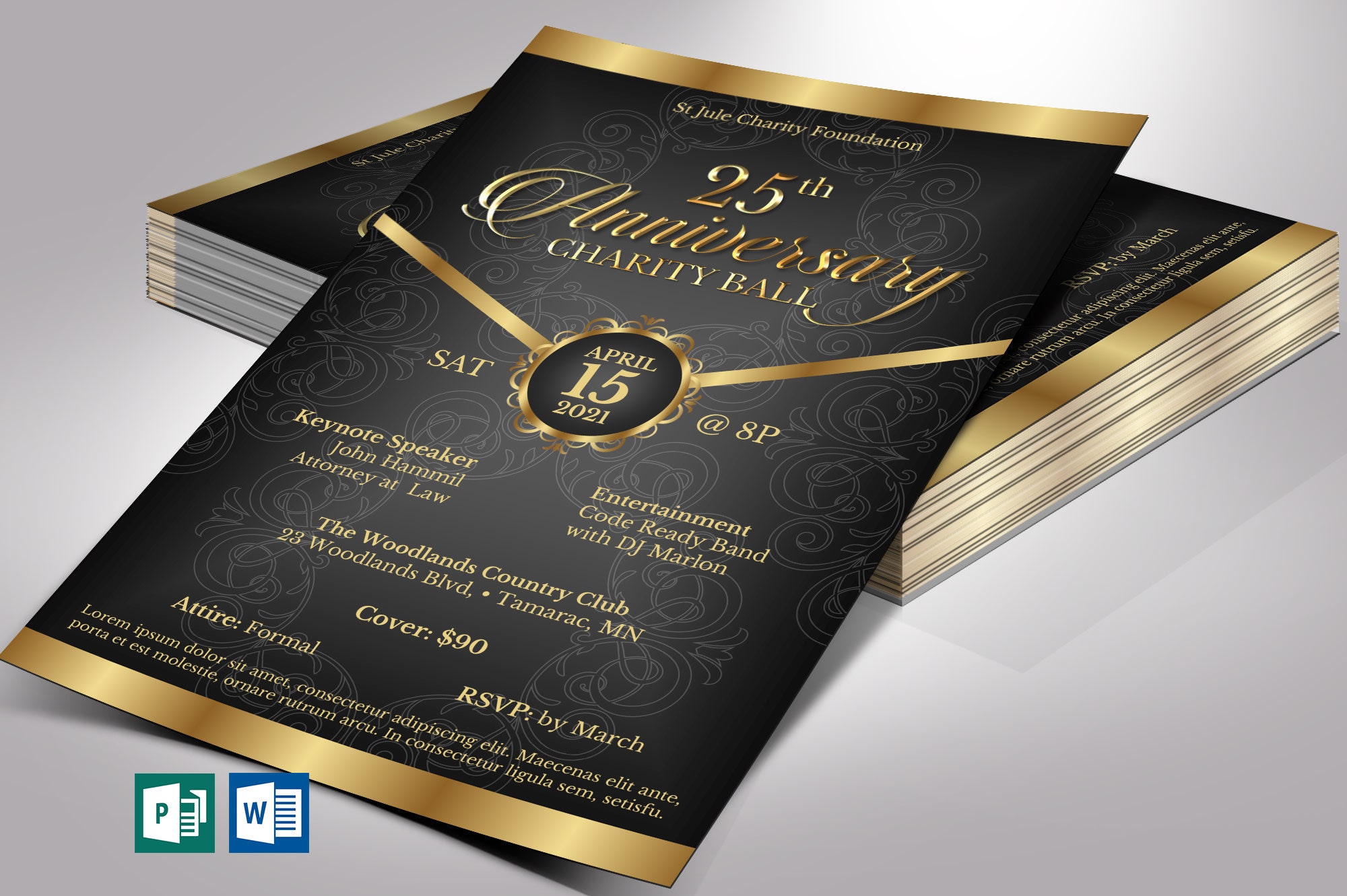 Black and Gold Anniversary Gala Flyer Templates, Word/Publisher 