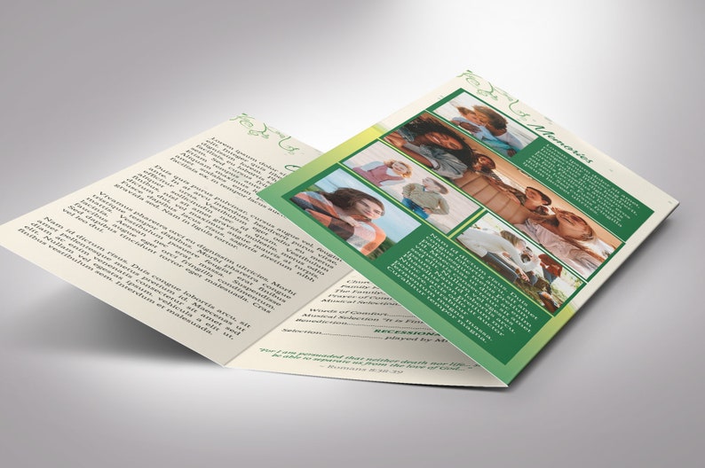 Green Princess Trifold Funeral Program Template Word Template, Publisher Green Beige, Celebration of Life, Memorial Service 11x8.5 in image 3