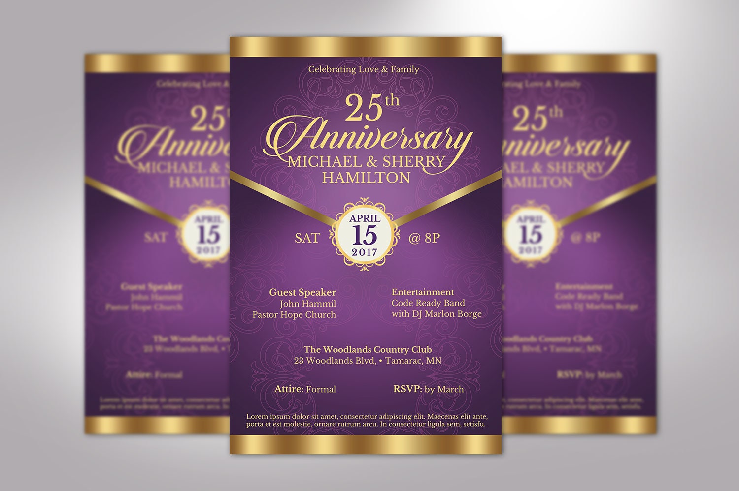 Purple Gold Anniversary Gala Flyer Template Set, Word and 