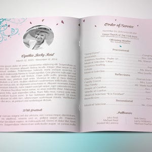 Teal Pink Funeral Program Template, Word Template, Publisher, Butterfly Celebration of Life, Obituary, 4 Pages, 5.5x8.5 in image 2