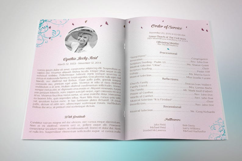 Teal Pink Funeral Program Template, Word Template, Publisher, Butterfly Celebration of Life, Obituary, 4 Pages, 5.5x8.5 in image 2