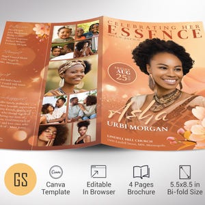 Plantilla de programa de funeral naranja, Canva, esencia floral de cereza, entierro de 4 páginas, estilo revista, celebración de la vida, obituario de mujer, 5,5 x 8,5