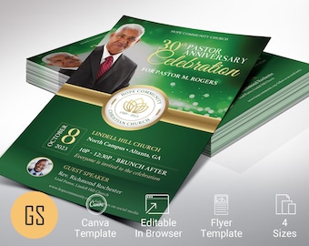 Pastor Anniversary Flyer Template for Canva - Green Gold | Pastor Appreciation Flyer, Banquet Invitation | 4 Sizes