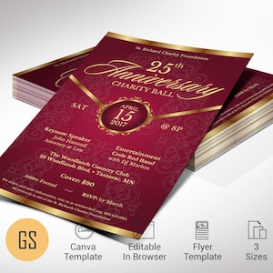May include: A stack of burgundy flyers with gold detailing, advertising the "25th Anniversary Charity Ball." The design features floral patterns, event information, and the date "April 15, 2017." The flyer also includes the text "Canva Template" and "Editable In Browser".