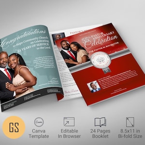 Pastor Anniversary Souvenir Book Template: Red & Silver, 24 Page (Canva, 8.5x11&quot;)