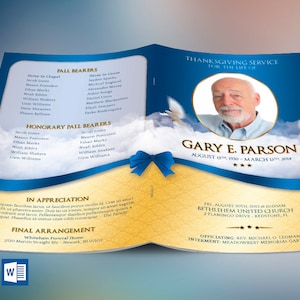 May include: A blue and gold funeral programme with a photo of Gary E. Parson. The programme includes the dates August 13th, 1930 - March 13th, 2014, and the text "Thanksgiving Service for the Life of Gary E. Parson".