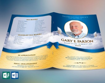 Blue Ribbon Funeral Program Template: 4 Page Bifold Memorial Obituary Word (5.5x8.5) Digital Download