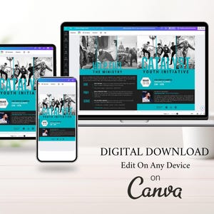 bifold brochure shown on the canva UI on a laptop, phone, and tablet