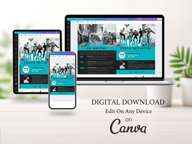 bifold brochure shown on the canva UI on a laptop, phone, and tablet