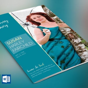 Conjunto de plantillas para programas funerarios Teal Nature, Word y editor, oro azul, celebración de la vida, plantilla de obituario para mujeres, 4 páginas, 5,5 x 8,5