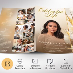 Plantilla de programa funerario en beige para Canva, 4 páginas, Paradise Beige & Gold, celebración de la vida, obituario de mujeres, tamaño carta de EE. UU., 5,5 x 8,5 pulgadas