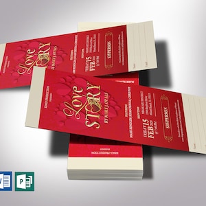 Valentines Day Love Story Ticket Template for Word and Publisher is Size 3x7 inches. It is created with red hearts, red background, and a golden title. Great for any Valentine's Day performance art event like plays, operas, musicals, short movies