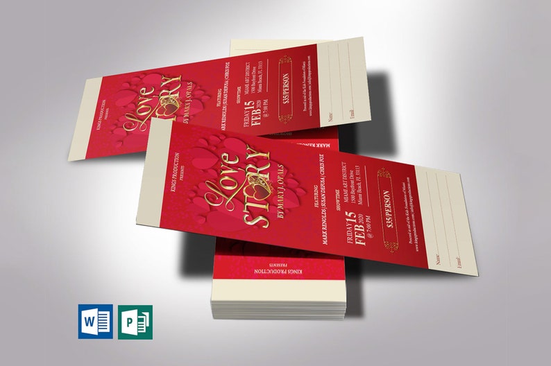 Valentines Day Love Story Ticket Template for Word and Publisher is Size 3x7 inches. It is created with red hearts, red background, and a golden title. Great for any Valentine's Day performance art event like plays, operas, musicals, short movies