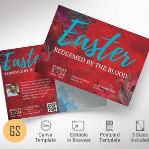 Redeemed Easter Church Postcard Template for Canva, designed with a red and blue floral background. Tailored for church promotions and invitations. The template offers flexibility with three sizes: 4x6, 5x7 in, and the EDDM compliant size of 9x6.5 in