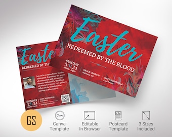 Easter Sunday Church Postcard Template, Canva Template, Blue Red | Church Invitation, Easter Services, Resurrection Sunday, 3 Sizes