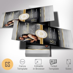 May include: A stack of black and gold tickets for a Pastor Anniversary Celebration. The tickets feature a photo of a couple, gold accents, and the event details. The tickets are a Canva template, editable in a browser, and available in two sizes.