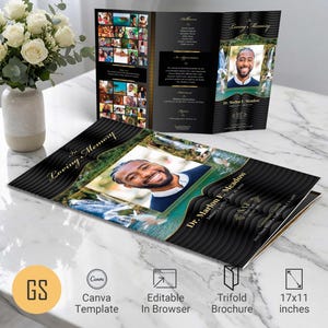 Black and Gold Waves Funeral Program Template | Canva: Tabloid Trifold Obituary (11x17) Digital Download