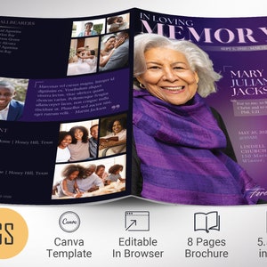 Plantilla de programa de funeral de Dawn para Canva: rosa púrpura, estilo revista, celebración de la vida, plantilla de obituario de mujeres, 8 páginas, 5,5 x 8,5 pulgadas