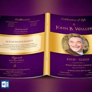 Purple Gold Regal Funeral Program Template Word Template, Publisher Celebration of Life 8 Pages 5.5x8.5 inches image 6