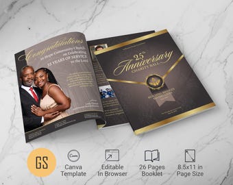 Church Anniversary Souvenir Book Template Brown Gold Gala Program (Canva, 8.5x11, 26 Pages)