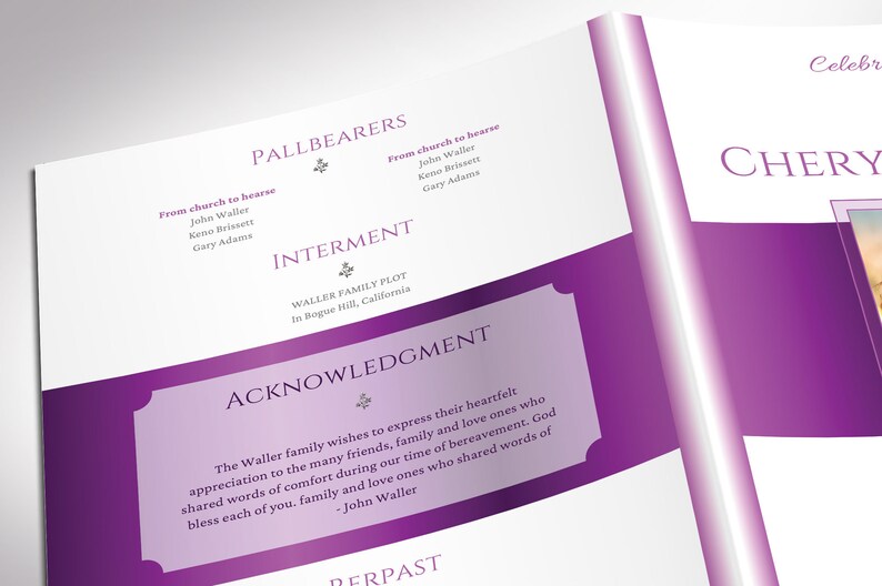 White Purple Tabloid Funeral Program Template, Canva Template, Celebration of Life, Obituary Program, 4 Pages 11x17 in image 7