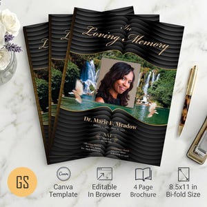 Black & Gold Waves Funeral Program Template | Canva: 4-Page Bifold Memorial Obituary (8.5x11) Digital Download