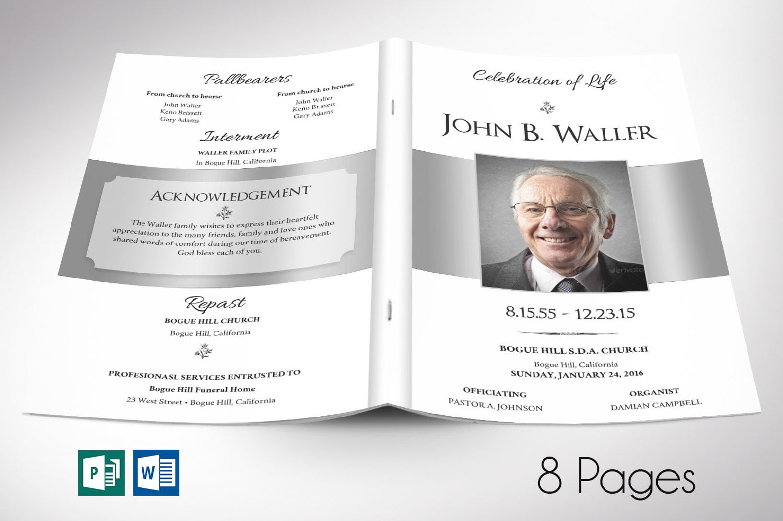 White Silver Funeral Program Word Publisher Template 8 Pages - Etsy