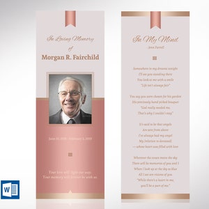 Rose Gold Funeral Bookmark Template for Word and Publisher is Size 2.75x8 inches. The design features Rose Gold colors with beautiful typography. A Celebration of Life Keepsake for memorial or funeral services.