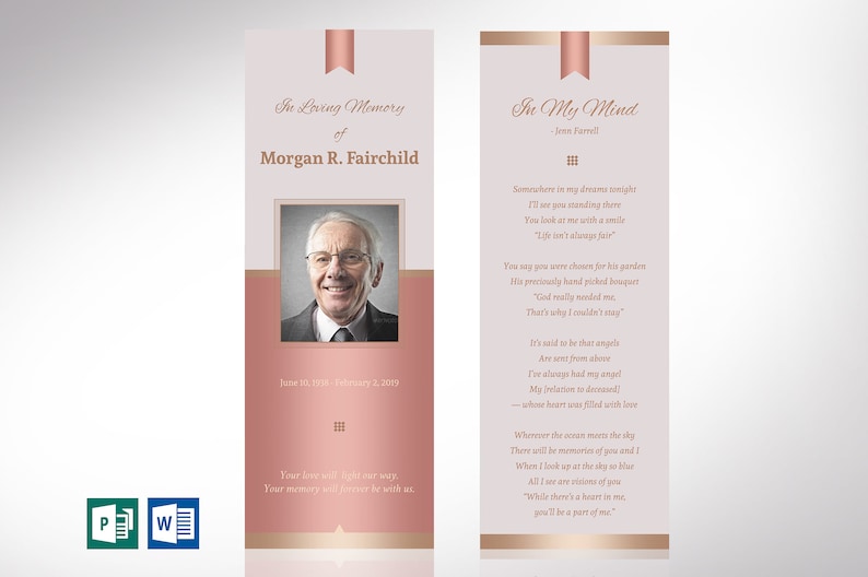 Rose Gold Funeral Bookmark Template for Word and Publisher is Size 2.75x8 inches. The design features Rose Gold colors with beautiful typography. A Celebration of Life Keepsake for memorial or funeral services.