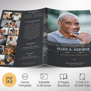 Plantilla de programa funerario africano para Canva, celebración de la vida en azul y beige, obituario en memoria de un hombre, 8 páginas, 11 x 8,5 pulgadas doblado 5,5 x 8,5 pulgadas