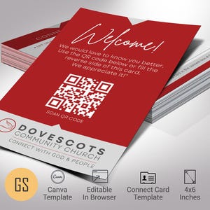 Moderne Kirche verbinden Kartenvorlage für Canva - Rot, Weiß, QR-Code Kirche Willkommenskarte, neu hier Gast, printable editierbarer Download, 4 x 6 Zoll