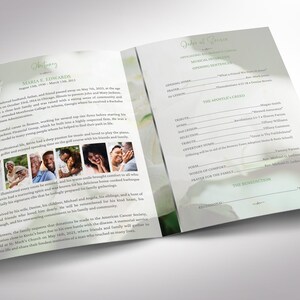 May include: A memorial service program, open to display the inside pages. The left page features a photo of a woman, the word "Obituary", and text. The right page has the words "Order of Service" and lines for details.