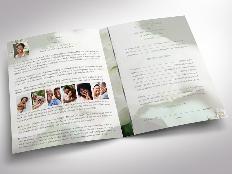 May include: A memorial service program, open to display the inside pages. The left page features a photo of a woman, the word "Obituary", and text. The right page has the words "Order of Service" and lines for details.