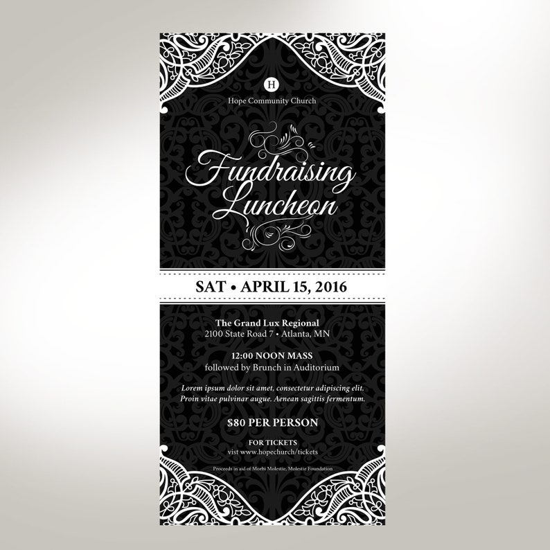 Black White Banquet Flyer Template for Word and Publisher Fundraiser Event, Church Anniversary Size 4x9 inches image 2