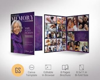 Purple Funeral Program Template: Celebration of Life, Magazine Style (Canva, 8 Pages)