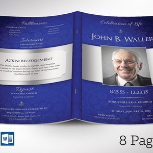 Blue Silver Funeral Program Template | Word Template, Publisher V1 | Celebration of Life | 8 Pages | 5.5x8.5 in