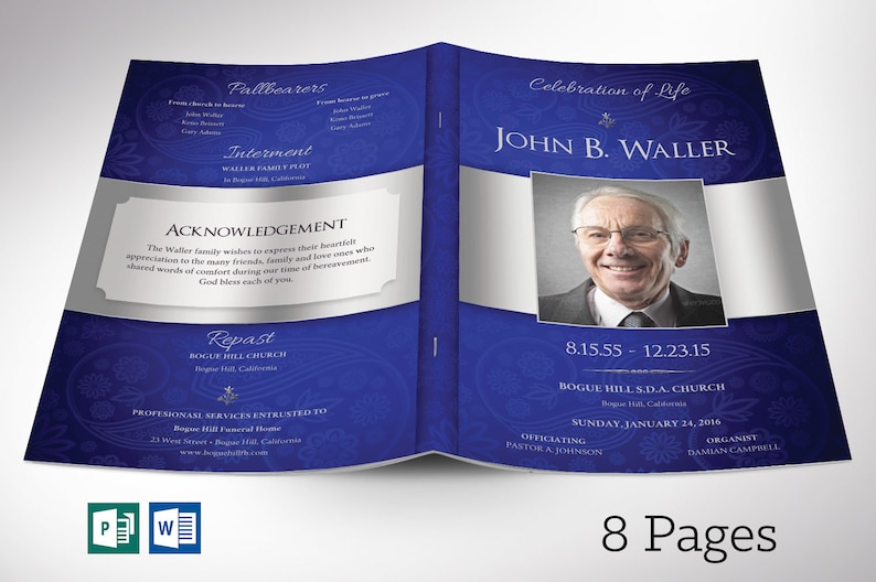 Blue Silver Funeral Program Template Word Template, Publisher V1 Celebration of Life 8 Pages 5.5x8.5 in image 1