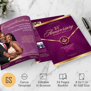 Church Anniversary Souvenir Book Template: 24 Page Purple and Gold Canva Program (Digital Download)