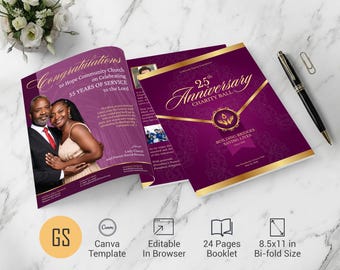 Church Anniversary Souvenir Book Template: 24 Page Purple and Gold Canva Program (Digital Download)