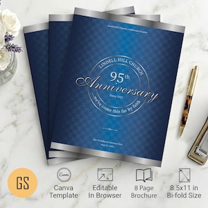 Programmvorlage für das Diamantene Kirchenjubiläum | Canva: Blaue & silberne 8-seitige Faltbroschüre (8,5 x 11 Zoll) – Digitaler Download