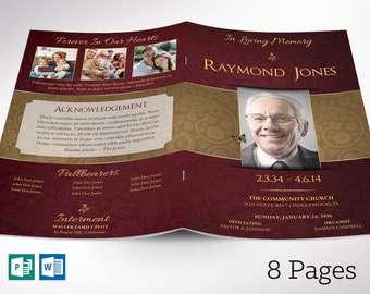 Royal Maroon Funeral Program Template | Word Template, Publisher | Celebration of Life | 8 Pages | 5.5x8.5 inches