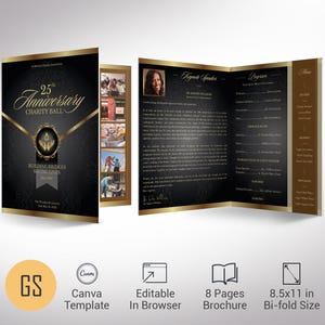 Black & Gold Anniversary Gala Program Template: 8-Page Canva Design (8.5x11&quot;, Digital Download)