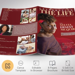 Red Gold Life Funeral Program Template, Canva Template, Magazine Style, Celebration of Life, 8 Pages, 5.5x8.5 in image 1