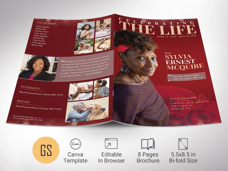Red Gold Life Funeral Program Template, Canva Template, Magazine Style, Celebration of Life, 8 Pages, 5.5x8.5 in image 1