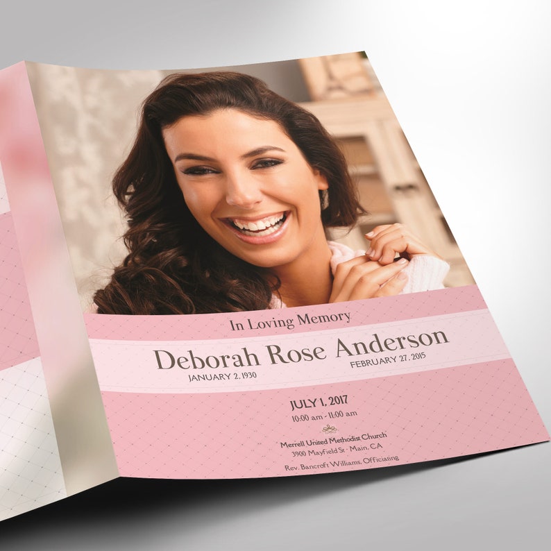 Glamour Tabloid Funeral Program Template for Word and Publisher has 4 Pages. It uses soft pink and white colors and transparency for an elegant theme. The Tabloid Print Size of 17x11 inches is Bi-Fold to 8.5x11 inches. The celebration of life bi-fold